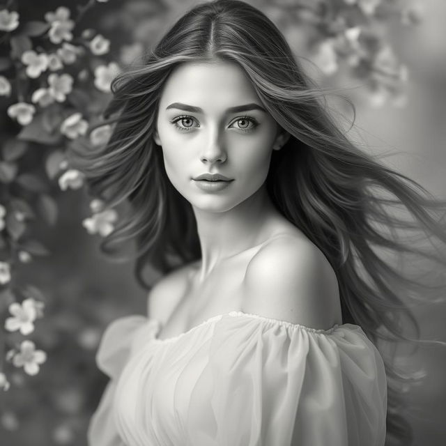 A beautiful black and white portrait of a young woman with flowing hair, soft facial features, and a serene expression