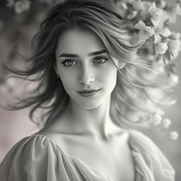 A beautiful black and white portrait of a young woman with flowing hair, soft facial features, and a serene expression