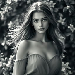 A beautiful black and white portrait of a young woman with flowing hair, soft facial features, and a serene expression