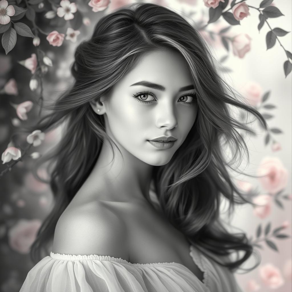 A beautiful black and white portrait of a young woman with flowing hair, soft facial features, and a serene expression