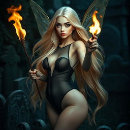 A beautiful, sexy, and sweet fairy with long, flowing blonde hair, standing in a dark, atmospheric cemetery