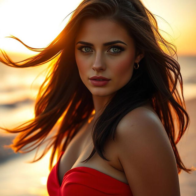 A stunning, attractive woman with flowing brunette hair and captivating green eyes, wearing a stylish, form-fitting red dress that hugs her curves beautifully