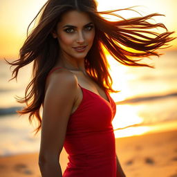 A stunning, attractive woman with flowing brunette hair and captivating green eyes, wearing a stylish, form-fitting red dress that hugs her curves beautifully