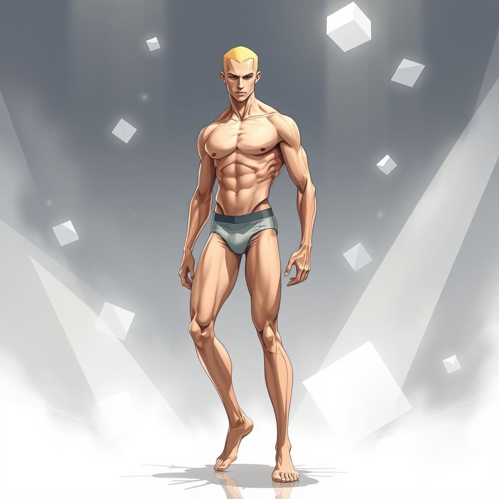 A detailed illustration of a male ectomorph body type characterized by a slim, lean physique with narrow shoulders, minimal muscle mass, and long limbs