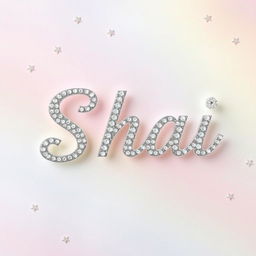A sparkly, jeweled silver word 'Shai' displayed in an elegant cursive font, reminiscent of a glamorous romantic wedding invitation