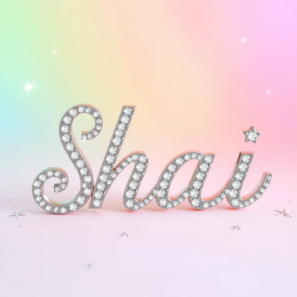 A sparkly, jeweled silver word 'Shai' displayed in an elegant cursive font, reminiscent of a glamorous romantic wedding invitation