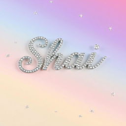 A sparkly, jeweled silver word 'Shai' displayed in an elegant cursive font, reminiscent of a glamorous romantic wedding invitation