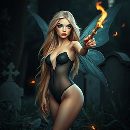 A beautiful, sexy, and sweet fairy with long, flowing blonde hair, standing in a dark, atmospheric cemetery