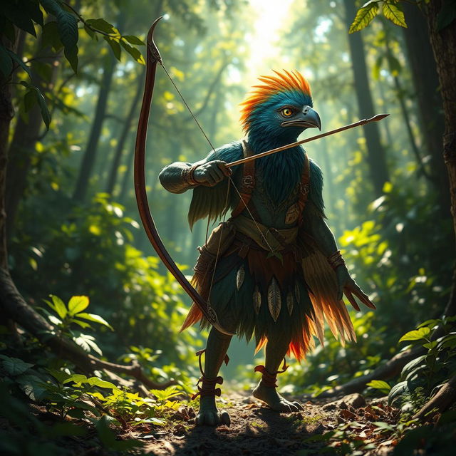 A fierce arakroca ranger, a bird-like humanoid, stands in a dense forest, their feathers iridescent and vibrant, blending beautifully with the lush greenery around them