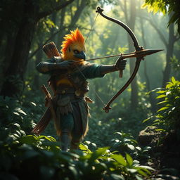 A fierce arakroca ranger, a bird-like humanoid, stands in a dense forest, their feathers iridescent and vibrant, blending beautifully with the lush greenery around them