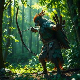 A fierce arakroca ranger, a bird-like humanoid, stands in a dense forest, their feathers iridescent and vibrant, blending beautifully with the lush greenery around them