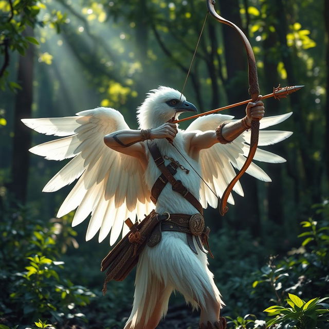 A striking white-winged arakroca ranger stands gracefully in a vibrant forest, their snowy feathers shimmering under the sunlight