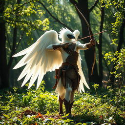 A striking white-winged arakroca ranger stands gracefully in a vibrant forest, their snowy feathers shimmering under the sunlight