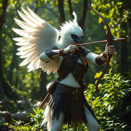 A striking white-winged arakroca ranger stands gracefully in a vibrant forest, their snowy feathers shimmering under the sunlight