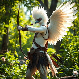 A striking white-winged arakroca ranger stands gracefully in a vibrant forest, their snowy feathers shimmering under the sunlight