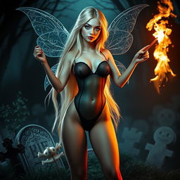 A beautiful, sexy, and sweet fairy with long, flowing blonde hair and shimmering silver wings, standing in a dark haunted cemetery