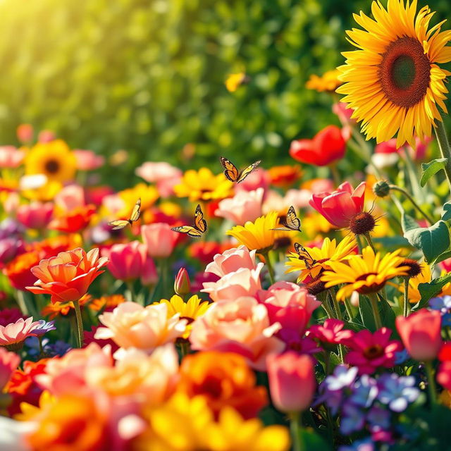 A close-up image of a vibrant flower garden in full bloom, showcasing a variety of colorful flowers including roses, tulips, and sunflowers