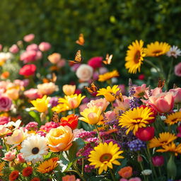 A close-up image of a vibrant flower garden in full bloom, showcasing a variety of colorful flowers including roses, tulips, and sunflowers