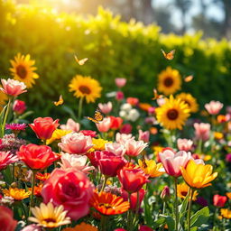 A close-up image of a vibrant flower garden in full bloom, showcasing a variety of colorful flowers including roses, tulips, and sunflowers