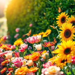 A close-up image of a vibrant flower garden in full bloom, showcasing a variety of colorful flowers including roses, tulips, and sunflowers