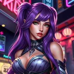 A realistic portrayal of Evelynn from the KDA (K/DA) music group in League of Legends, featuring her with ultra-detailed textures and lifelike qualities