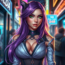 A realistic portrayal of Evelynn from the KDA (K/DA) music group in League of Legends, featuring her with ultra-detailed textures and lifelike qualities