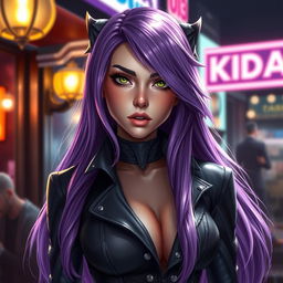 A realistic portrayal of Evelynn from the KDA (K/DA) music group in League of Legends, featuring her with ultra-detailed textures and lifelike qualities