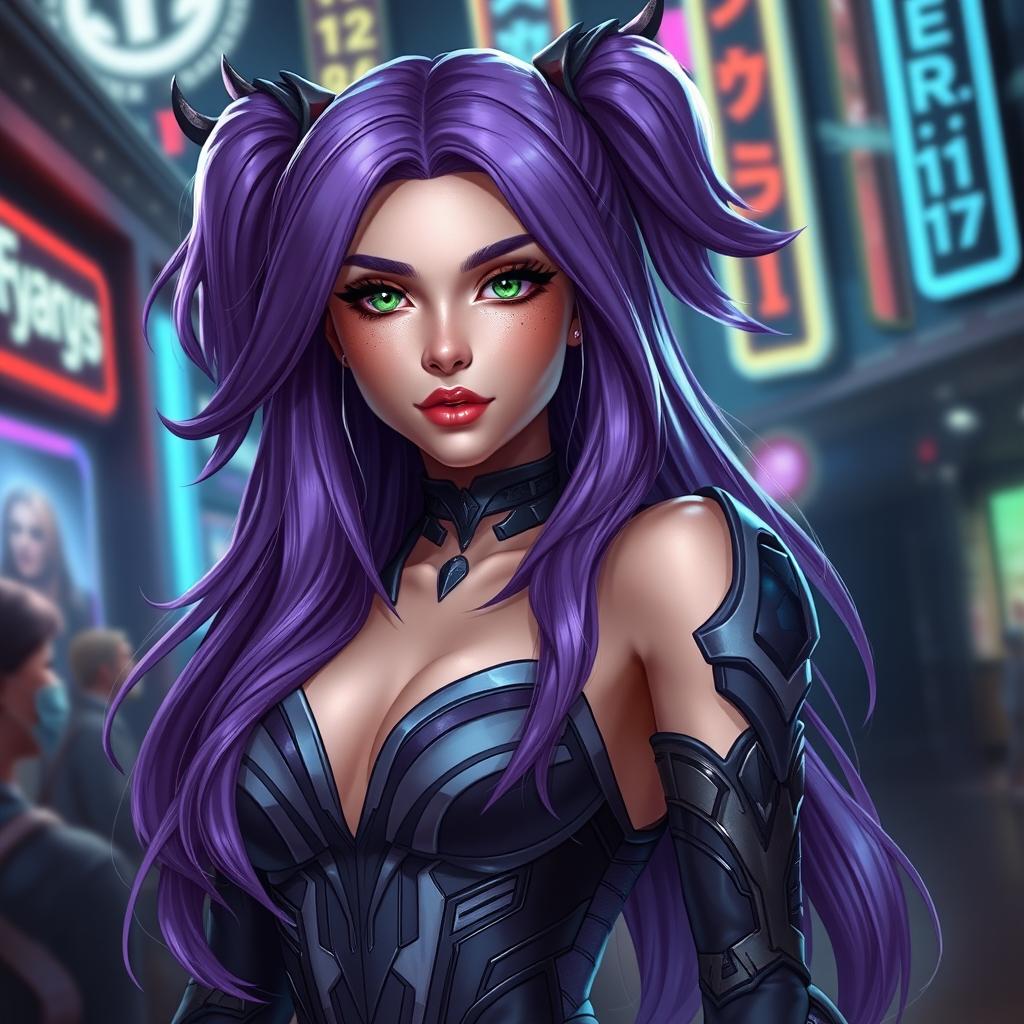 A realistic portrayal of Evelynn from the KDA (K/DA) music group in League of Legends, featuring her with ultra-detailed textures and lifelike qualities