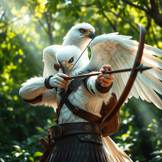 A magnificent white-winged eagle arakroca ranger stands poised in a vibrant forest, showcasing their stunning snowy feathers and sharp, piercing eyes