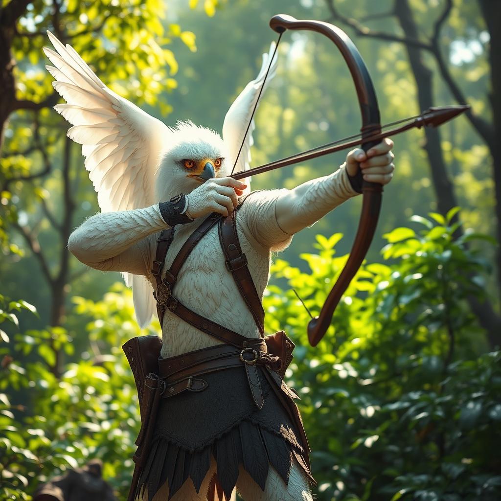 A magnificent white-winged eagle arakroca ranger stands poised in a vibrant forest, showcasing their stunning snowy feathers and sharp, piercing eyes