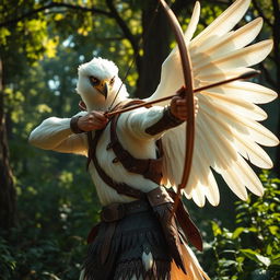 A magnificent white-winged eagle arakroca ranger stands poised in a vibrant forest, showcasing their stunning snowy feathers and sharp, piercing eyes