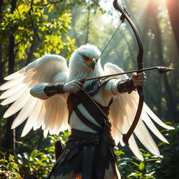 A magnificent white-winged eagle arakroca ranger stands poised in a vibrant forest, showcasing their stunning snowy feathers and sharp, piercing eyes