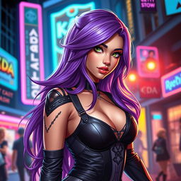 A captivating human version of Evelynn from the KDA (K/DA) music group in League of Legends, depicted with realistic features and a stylish appearance