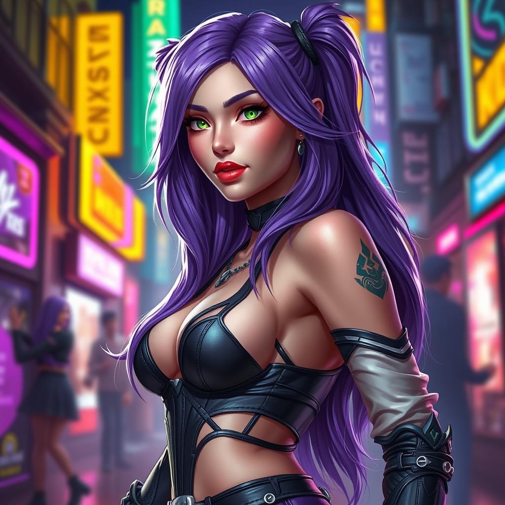 A captivating human version of Evelynn from the KDA (K/DA) music group in League of Legends, depicted with realistic features and a stylish appearance