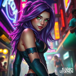 A captivating human version of Evelynn from the KDA (K/DA) music group in League of Legends, depicted with realistic features and a stylish appearance
