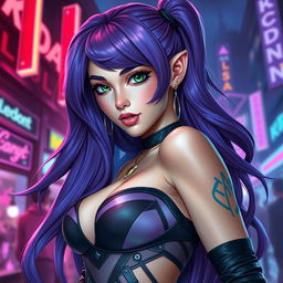 A captivating human version of Evelynn from the KDA (K/DA) music group in League of Legends, depicted with realistic features and a stylish appearance