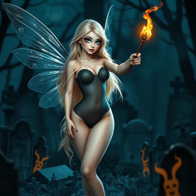 A beautiful, sexy, and sweet fairy with long, flowing blonde hair and shimmering silver wings, standing in a dark haunted cemetery