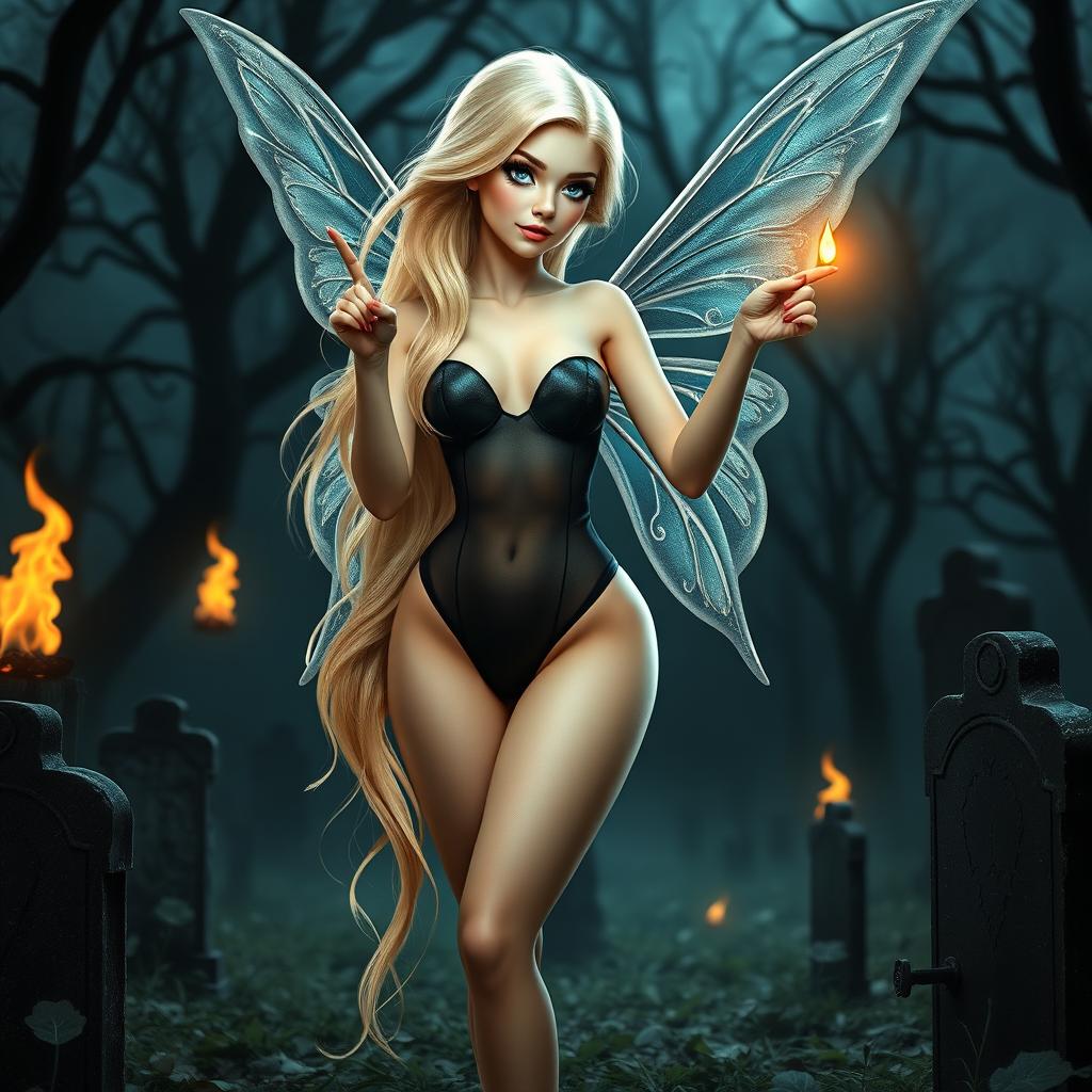 A beautiful, sexy, and sweet fairy with long, flowing blonde hair and shimmering silver wings, standing elegantly in a dark haunted cemetery