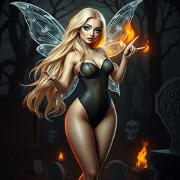 A beautiful, sexy, and sweet fairy with long, flowing blonde hair and shimmering silver wings, standing elegantly in a dark haunted cemetery