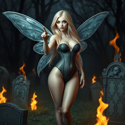 A beautiful, sexy, and sweet fairy with long, flowing blonde hair and shimmering silver wings, standing elegantly in a dark haunted cemetery