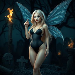 A beautiful, sexy, and sweet fairy with long, flowing blonde hair and shimmering silver wings, standing elegantly in a dark haunted cemetery