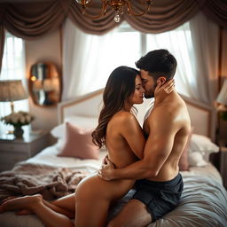 A sensual and passionate intimate moment between two adults in a beautifully decorated bedroom