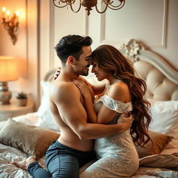 A sensual and passionate intimate moment between two adults in a beautifully decorated bedroom