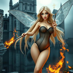 A beautiful, sexy, and sweet fairy with long, flowing blonde hair and shimmering silver wings, standing gracefully outside a gothic castle moat