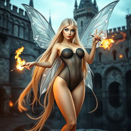 A beautiful, sexy, and sweet fairy with long, flowing blonde hair and shimmering silver wings, standing gracefully outside a gothic castle moat