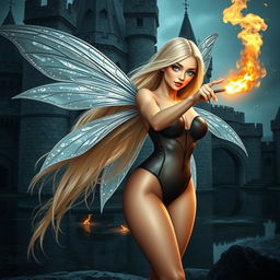 A beautiful, sexy, and sweet fairy with long, flowing blonde hair and shimmering silver wings, standing gracefully outside a gothic castle moat