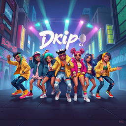 A vibrant and dynamic digital artwork inspired by the song "Drip" by Baby Monster, featuring an energetic group of stylized, youthful characters dancing to the rhythm