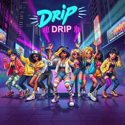 A vibrant and dynamic digital artwork inspired by the song "Drip" by Baby Monster, featuring an energetic group of stylized, youthful characters dancing to the rhythm