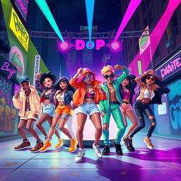 A vibrant and dynamic digital artwork inspired by the song "Drip" by Baby Monster, featuring an energetic group of stylized, youthful characters dancing to the rhythm