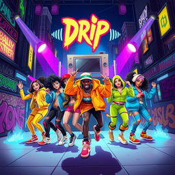 A vibrant and dynamic digital artwork inspired by the song "Drip" by Baby Monster, featuring an energetic group of stylized, youthful characters dancing to the rhythm